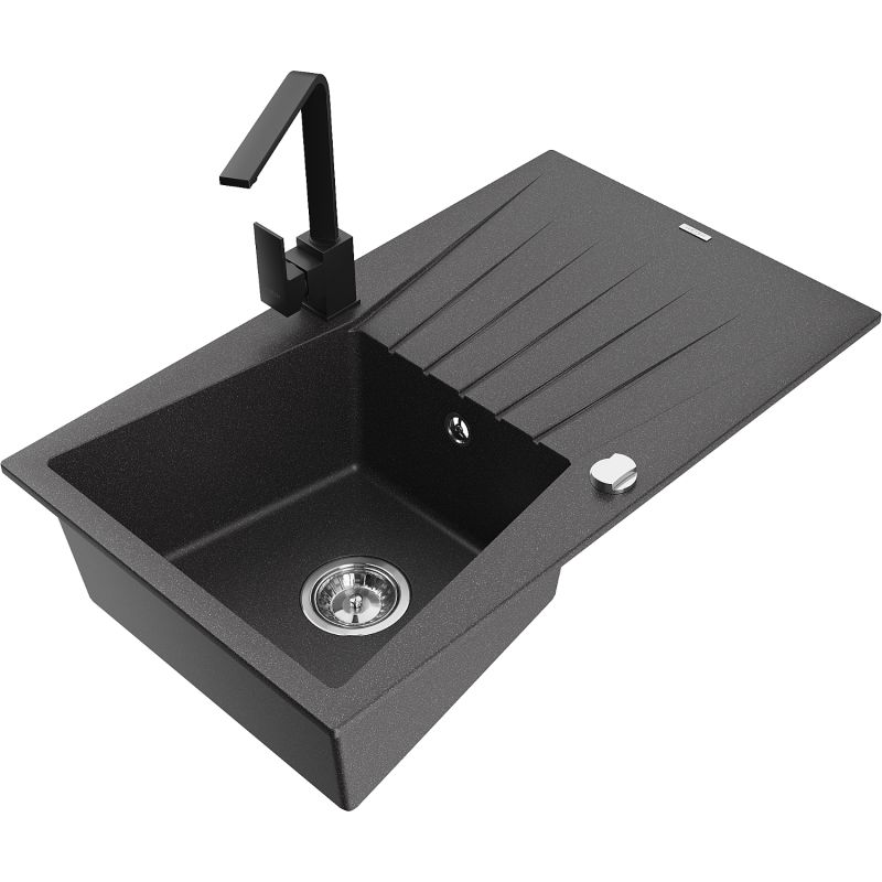 Zlewozmywak granitowy 1-komorowy Mexen Cesar z ociekaczem i baterią kuchenną Rita czarny nakrapiany - 6514-76-670300-76 1 szt.