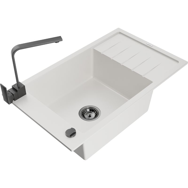 Zlewozmywak granitowy 1-komorowy Mexen Elias z ociekaczem i baterią kuchenną Rita biały - 6511-20-670300-50 1 szt.