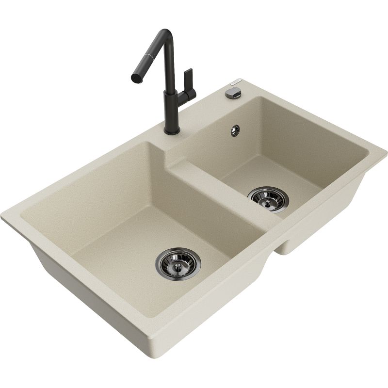 Zlewozmywak granitowy 2-komorowy Mexen Tomas z baterią kuchenną Flora czarny - 6516-77-670401-70-B 1 szt.