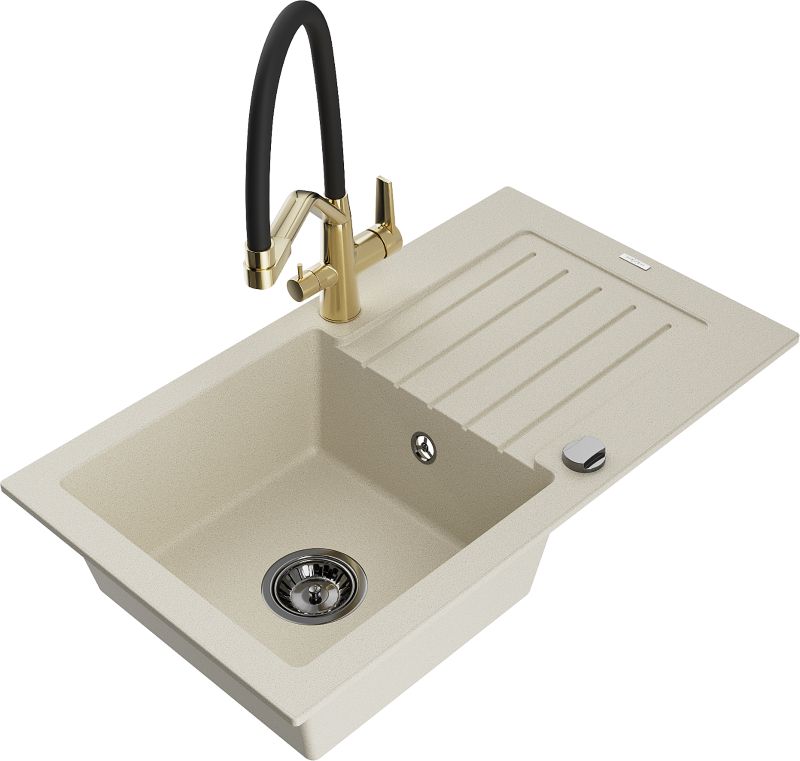 Zlewozmywak granitowy Mexen Pablo 1-komorowy z ociekaczem i baterią kuchenną Duo biały - 6510-20-671701-57-B 1 szt.