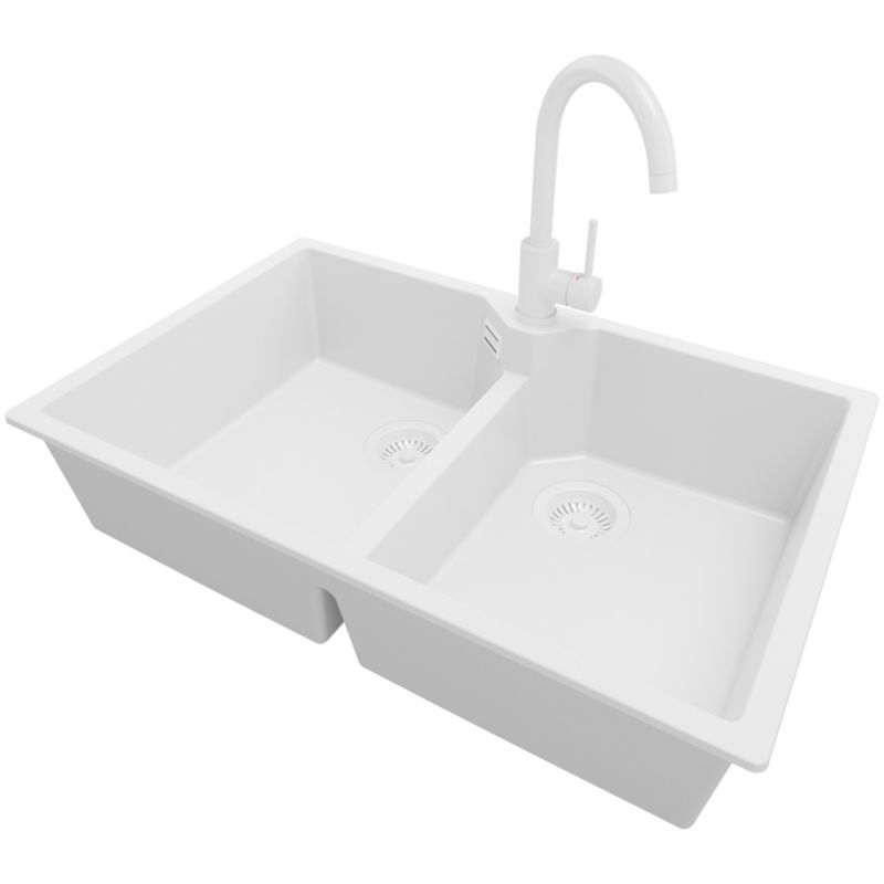 Zlewozmywak Granitowy Madryt Twin PRIMAGRAN Nablatowy 78x50cm do szafki od 80cm, Cały Biały + Bateria + Syfon, S012, 1 szt.