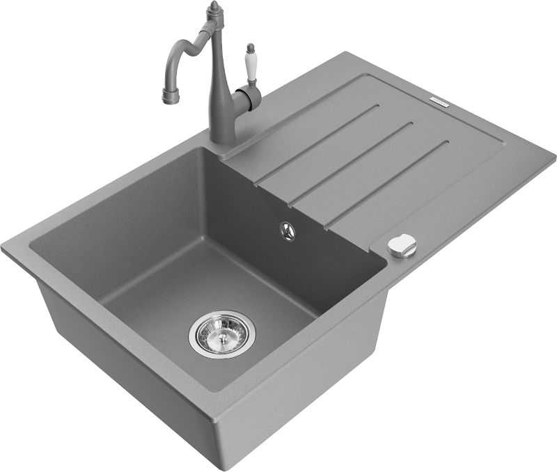 Zlewozmywak granitowy Mexen Bruno 1-komorowy z ociekaczem i baterią kuchenną Duero czarny/srebrny - 6513-73-671600-70 1 szt.