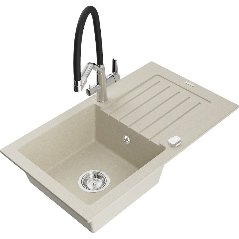 Zlewozmywak granitowy 1-komorowy Mexen Pablo z ociekaczem i baterią kuchenną Duo beżowy 6510-69-671701-07