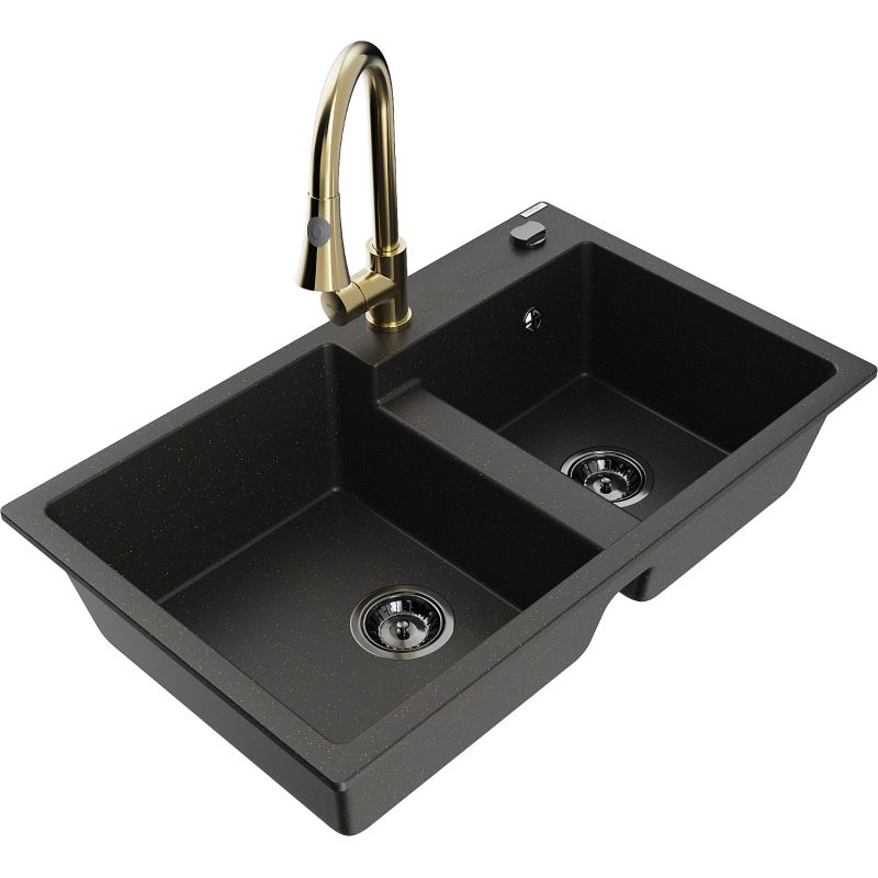 Zlewozmywak granitowy 2-komorowy Mexen Tomas z baterią kuchenną Elia czarny/złoty metalik 6516-75-670101-50-B
