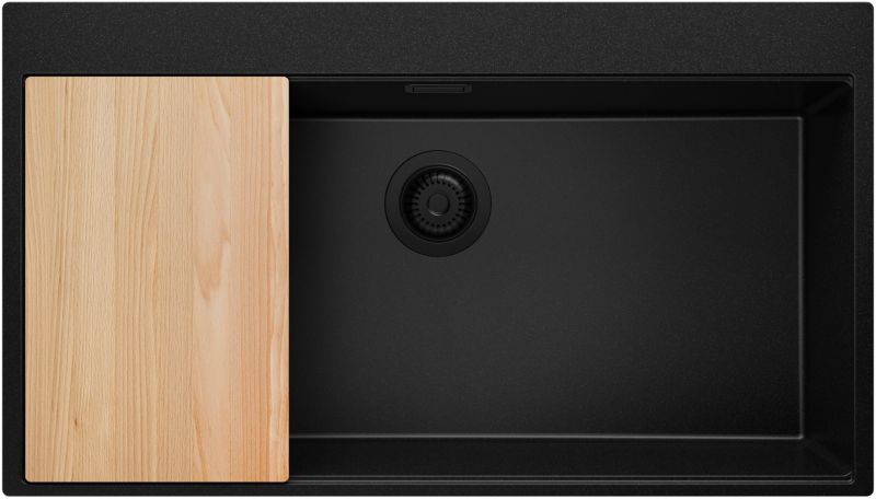 Zlewozmywak Oslo PRIMAGRAN Nablatowy 88x50cm do szafki od 90cm, Cały Czarny + Syfon + Deska, S711, 1 szt.