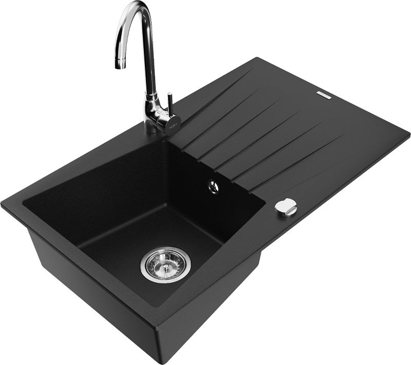 Zlewozmywak granitowy Mexen Cesar 1-komorowy z ociekaczem i baterią kuchenną Telma czarny - 6514-77-670200-50-B 1 szt.
