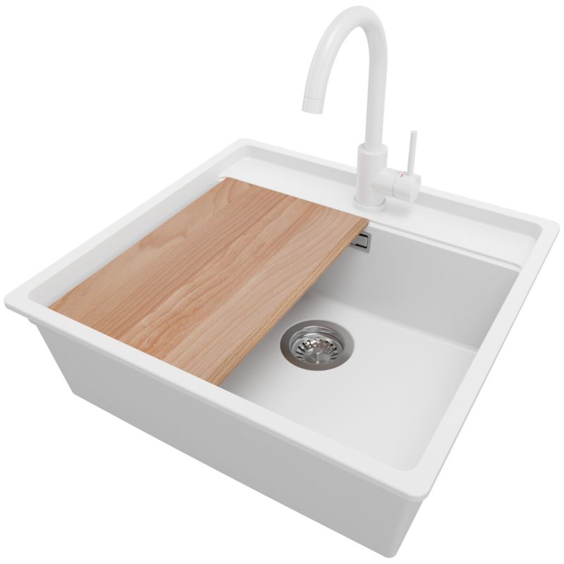 Zlewozmywak Granitowy Bergen PRIMAGRAN Nablatowy 56x53cm do szafki od 60cm, Biały + Bateria 32x20cm + Syfon + Deska, S195, 1 szt.