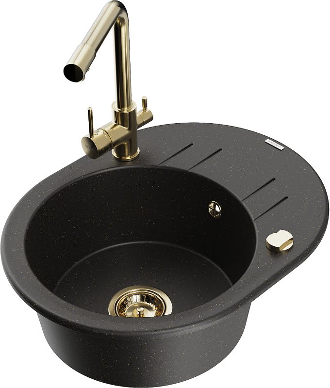 Zlewozmywak granitowy Mexen Kevin 1-komorowy z ociekaczem i baterią kuchenną Duero czarny/złoty 6517-75-671600-50