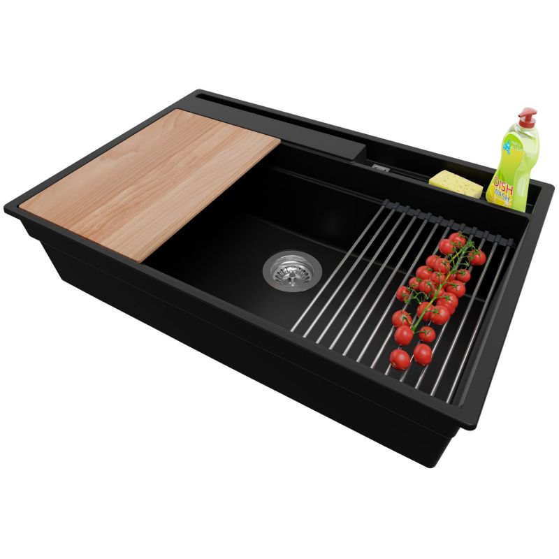 Zlewozmywak Oslo Pocket PRIMAGRAN Nablatowy 78x53cm do szafki od 80cm, Czarny + Syfon + Akcesoria, S335, 1 szt.