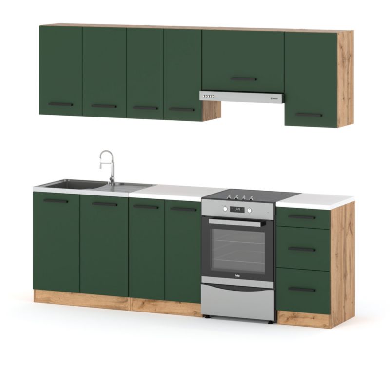 Zestaw Kuchenny Hurtownia-Mebli Z Blatem Kuchnia Mokka 240cm Dąb Wotan Butelkowa Zieleń 240x47x145 cm 1szt.