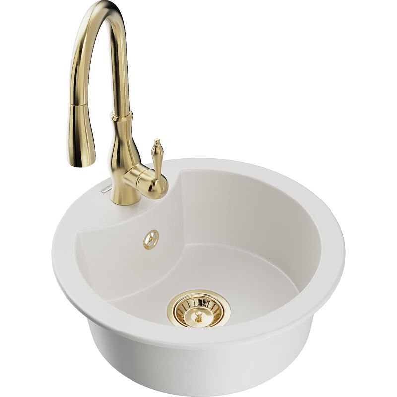 Zlewozmywak granitowy 1-komorowy Mexen Diego z baterią kuchenną Savita biały 6512-20-672601-50