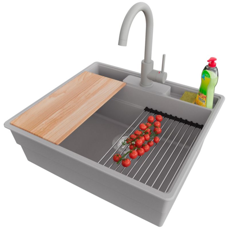 Zlewozmywak Granitowy Nowy Jork PRIMAGRAN Nablatowy 58x53cm do szafki od 60cm, Szary + Bateria + Syfon + Akcesoria, S043, 1 szt.