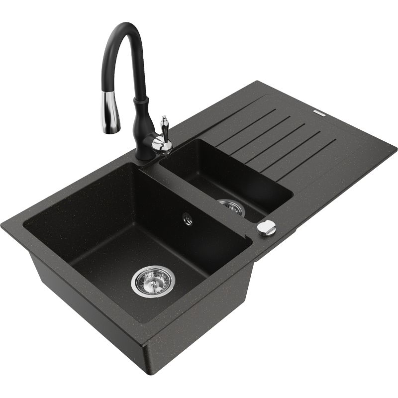 Zlewozmywak granitowy 1.5-komorowy Mexen Matias z ociekaczem i baterią kuchenną Savita czarny/złoty 6502-75-672601-70