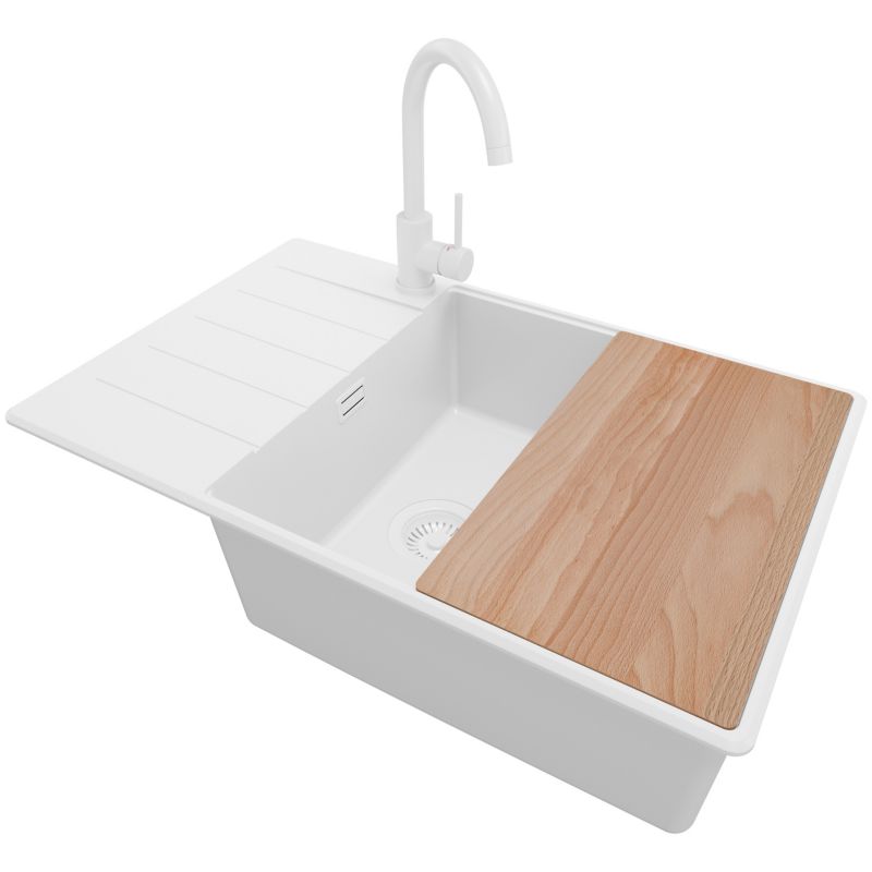 Zlewozmywak Granitowy Kopenhaga PRIMAGRAN Nablatowy 78x50cm do szafki od 60cm, Cały Biały + Bateria + Syfon + Deska, S634, 1 szt.