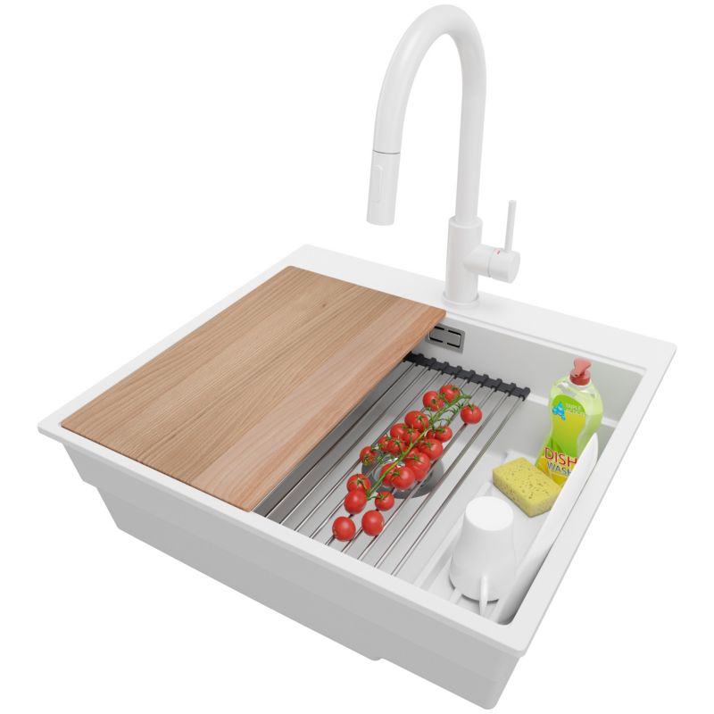 Zlewozmywak Granitowy Oslo Max PRIMAGRAN Nablatowy 58x53cm do szafki od 60cm, Biały + Bateria + Syfon + Akcesoria, S046, 1 szt.