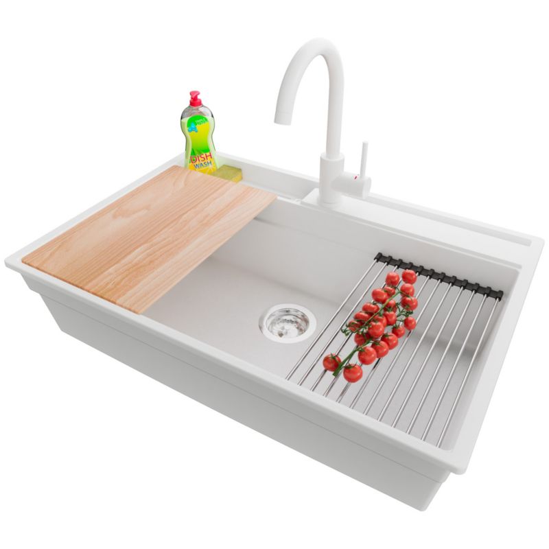 Zlewozmywak Granitowy Oslo Pocket PRIMAGRAN Nablatowy 78x53cm, Biały + Bateria + Syfon + Akcesorium, S402, 1 szt.