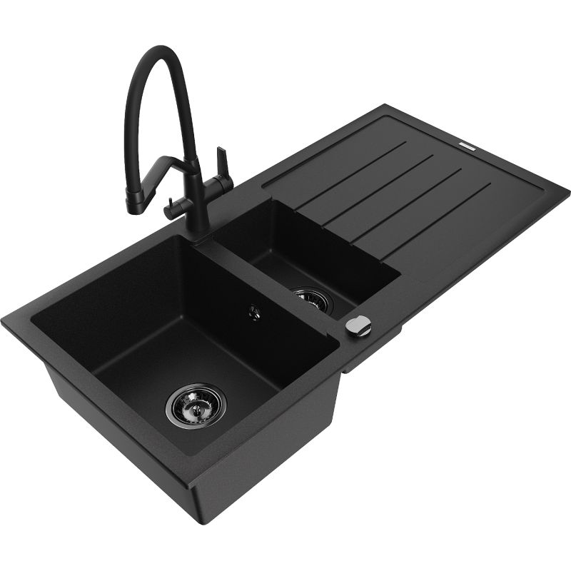 Zlewozmywak granitowy 1.5-komorowy Mexen Andres z ociekaczem i baterią Duo czarny nakrapiany - 6515-76-671701-70-B 1 szt.
