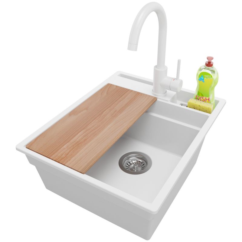 Zlewozmywak Granitowy Oslo Pocket PRIMAGRAN Nablatowy 43x53cm do szafki od 45cm z Syfonem i Baterią i Dodatkiem Biały 1 szt.