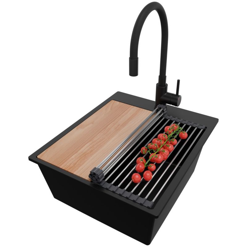 Zlewozmywak Granitowy Oslo PRIMAGRAN Nablatowy 43x50cm do szafki od 45cm z Syfonem i Baterią i Dodatkiem Cały Czarny 1 szt.