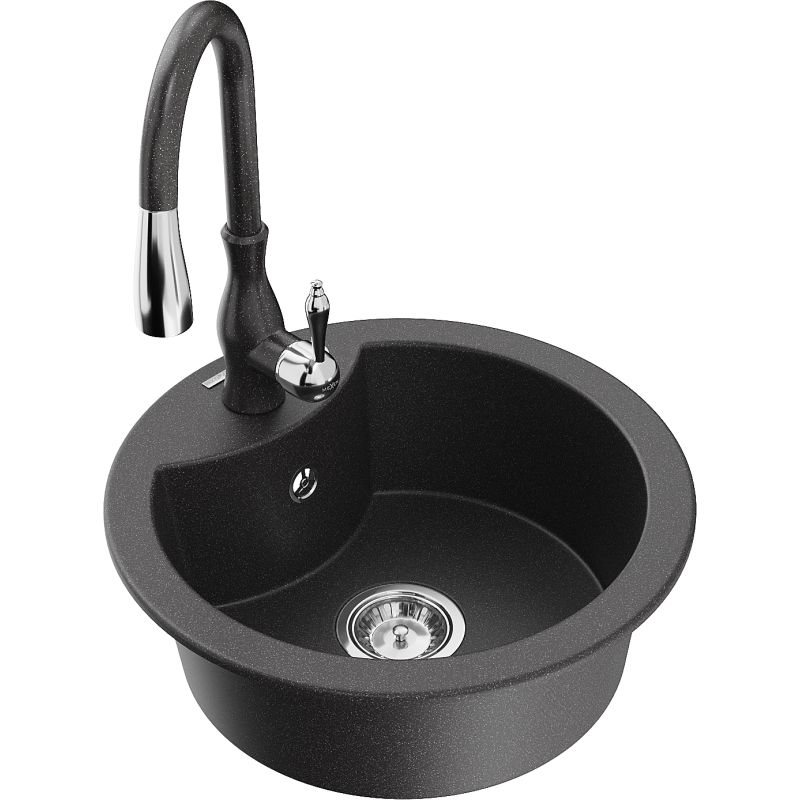 Zlewozmywak granitowy 1-komorowy Mexen Diego z baterią kuchenną Savita czarny nakrapiany - 6512-76-672601-70-B 1 szt.