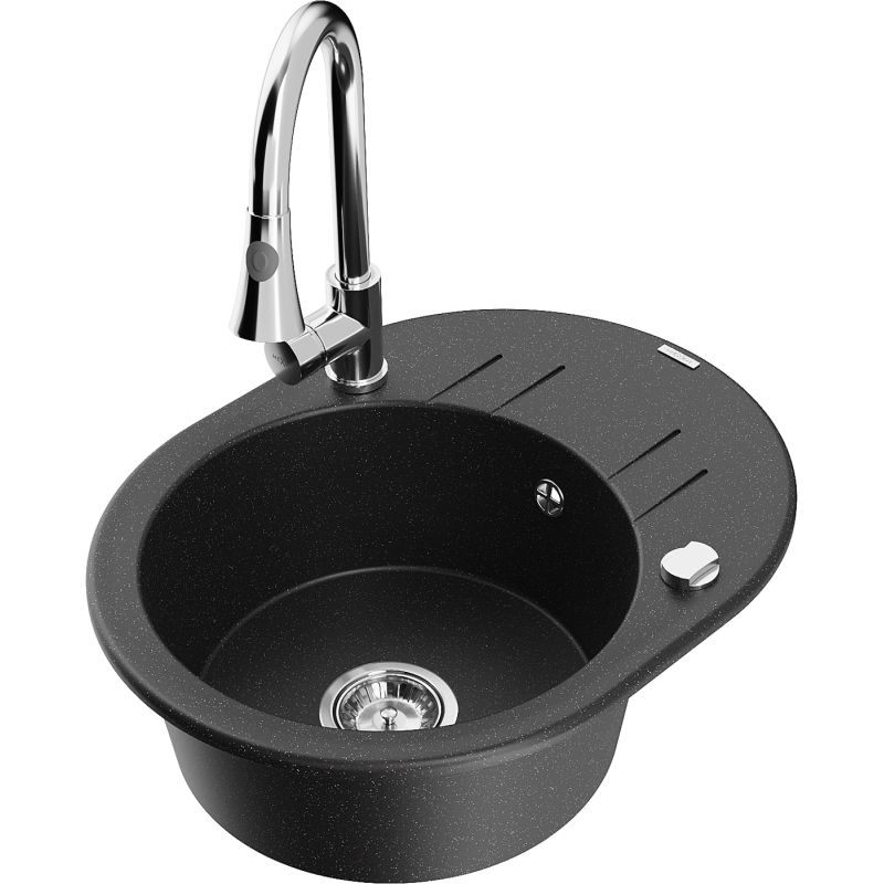 Zlewozmywak granitowy 1-komorowy Mexen Kevin z ociekaczem i baterią Elia czarny/srebrny metalik - 6517-73-670101-50 1 szt.