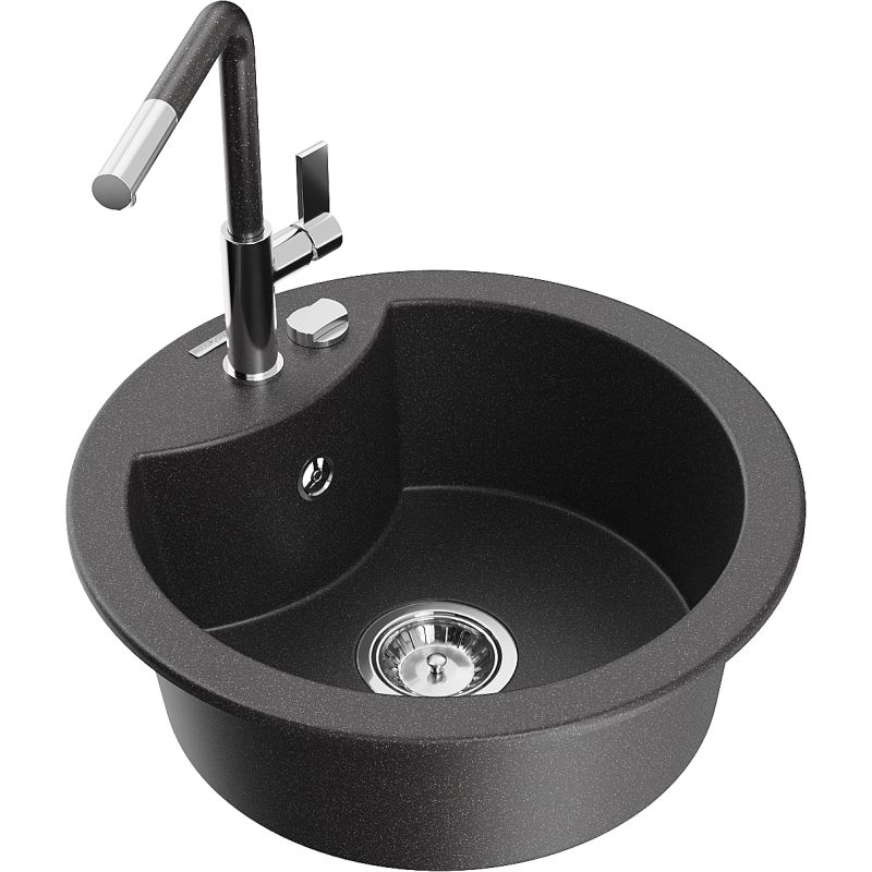 Zlewozmywak granitowy 1-komorowy Mexen Diego z baterią kuchenną Flora czarny nakrapiany - 6512-76-670401-57-G 1 szt.