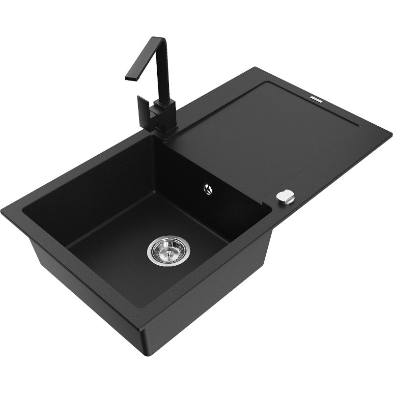 Zlewozmywak granitowy 1-komorowy Mexen Leo z ociekaczem i baterią kuchenną Rita czarny - 6501-77-670300-50-B 1 szt.