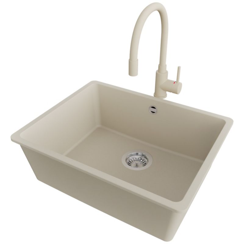 Zlewozmywak podblatowy Wenecja Easy PRIMAGRAN 56x44cm do szafki od 60cm, Beżowy + Bateria 38x14cm + Syfon, S093, 1 szt.