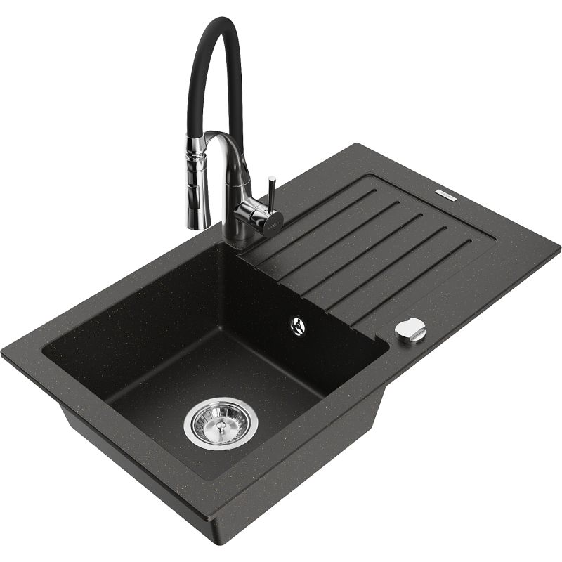 Zlewozmywak granitowy 1-komorowy Mexen Pablo z ociekaczem i baterią kuchenną Aster czarny/złoty metalik 6510-75-73450-07