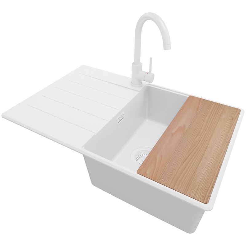 Zlewozmywak Granitowy Kopenhaga PRIMAGRAN Nablatowy 78x50cm do szafki od 50cm, Cały Biały + Bateria + Syfon + Deska, S540, 1 szt.