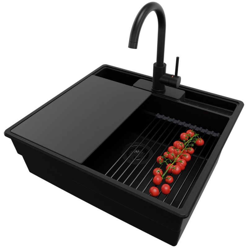 Zlewozmywak Granitowy Nowy Jork PRIMAGRAN Nablatowy 58x53cm, Cały Czarny + Bateria + Syfon + Akcesorium, S058, 1 szt.