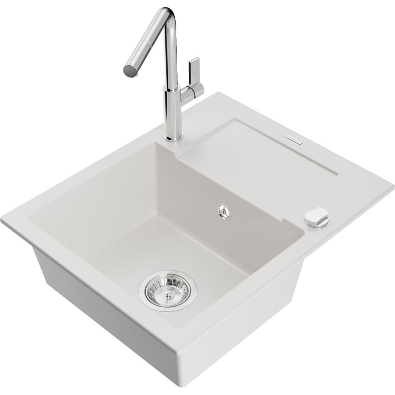 Zlewozmywak granitowy 1-komorowy Mexen Enzo z ociekaczem i baterią kuchenną Flora biały 6506-20-670401-00