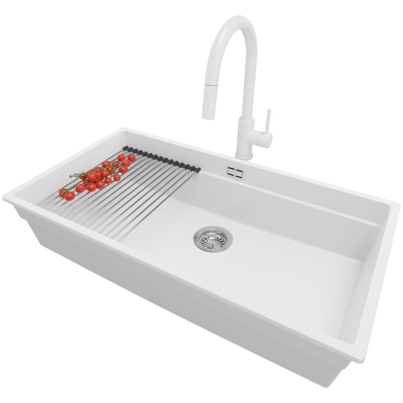 Zlewozmywak podblatowy Praga PRIMAGRAN 86x47cm do szafki od 90cm, Biały + Bateria + Syfon + Zwijany ociekacz, S682, 1 szt.