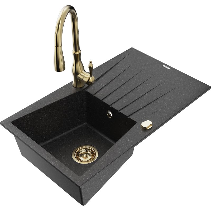 Zlewozmywak granitowy 1-komorowy Mexen Cesar z ociekaczem i baterią kuchenną Savita czarny/srebrny metalik 6514-73-672601-50