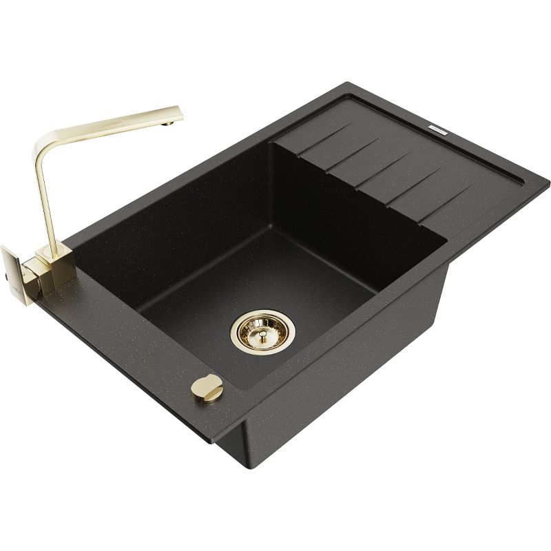 Zlewozmywak granitowy 1-komorowy Mexen Elias z ociekaczem i baterią kuchenną Rita czarny/złoty metalik 6511-75-670300-50