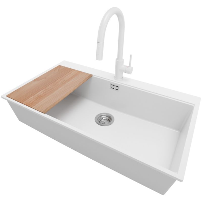 Zlewozmywak Granitowy Oslo PRIMAGRAN Nablatowy 88x50cm do szafki od 90cm, Biały + Bateria 40x20cm + Syfon + Deska, S725, 1 szt.