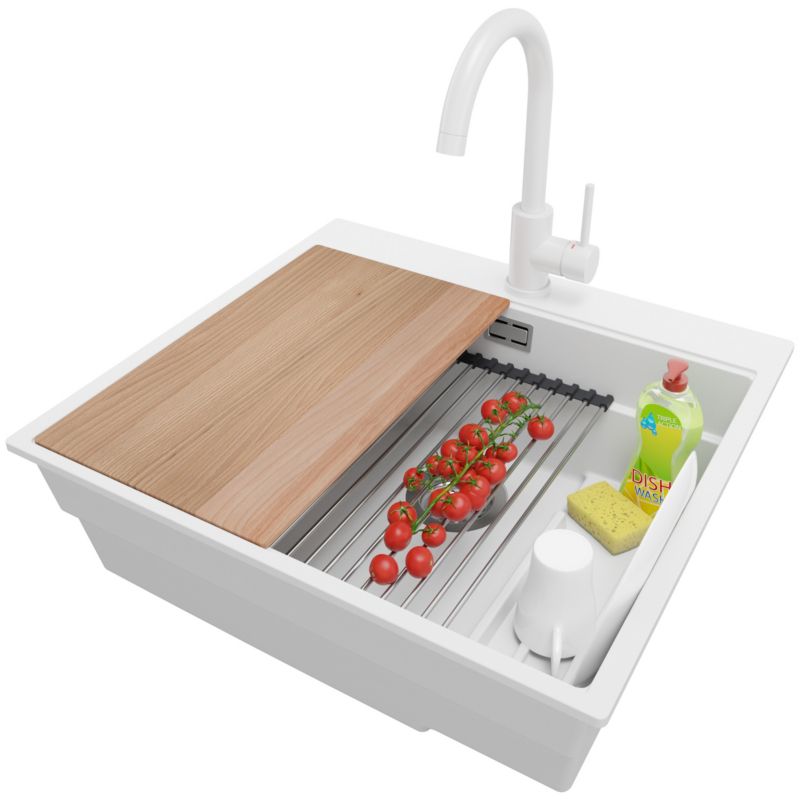 Zlewozmywak Granitowy Oslo Max PRIMAGRAN Nablatowy 58x53cm do szafki od 60cm, Biały + Bateria + Syfon + Akcesoria, S042, 1 szt.