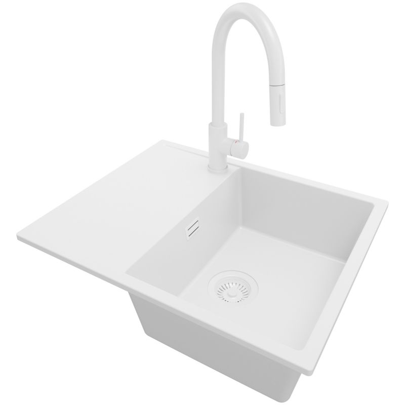 Zlewozmywak Granitowy Ibiza PRIMAGRAN Nablatowy 62x50cm do szafki od 45cm, Cały Biały + Bateria 40x20cm + Syfon, S018, 1 szt.