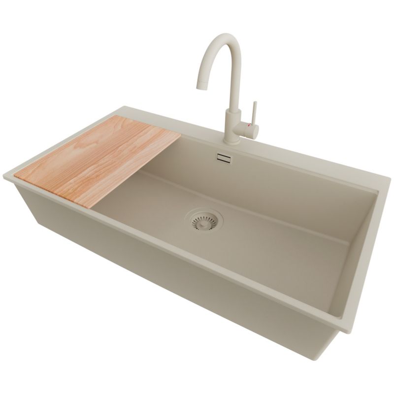 Zlewozmywak Granitowy Oslo PRIMAGRAN Nablatowy 88x50cm do szafki od 90cm, Beżowy + Bateria 32x20cm + Syfon + Deska, S722, 1 szt.