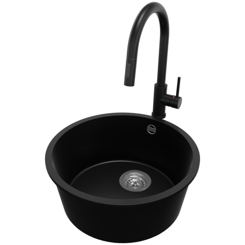 Zlewozmywak Granitowy Okrągły Valetta Slim PRIMAGRAN Nablatowy 46x46cm do szafki od 50cm, Czarny + Bateria + Syfon, S019, 1 szt.