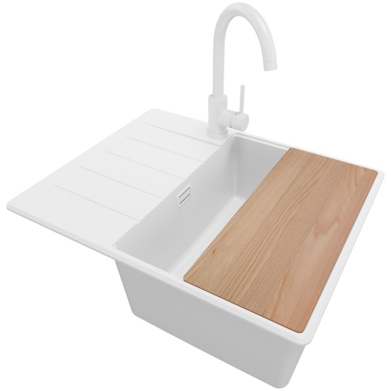 Zlewozmywak Granitowy Kopenhaga PRIMAGRAN Nablatowy 62x50cm do szafki od 45cm, Cały Biały + Bateria + Syfon + Deska, S258, 1 szt.