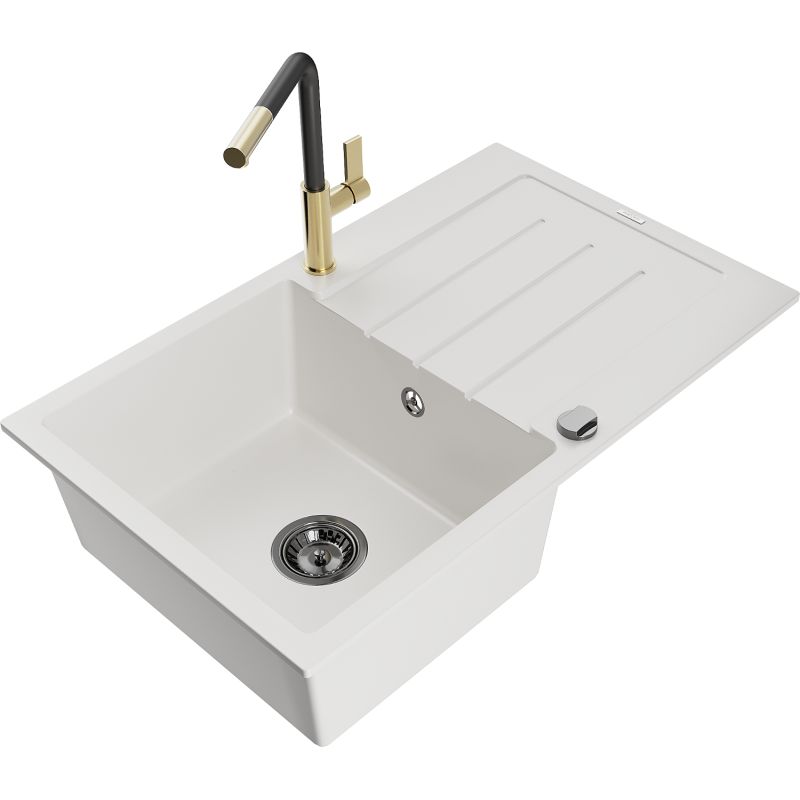 Zlewozmywak granitowy 1-komorowy Mexen Bruno z ociekaczem i baterią kuchenną Flora biały 6513-20-670401-57-B