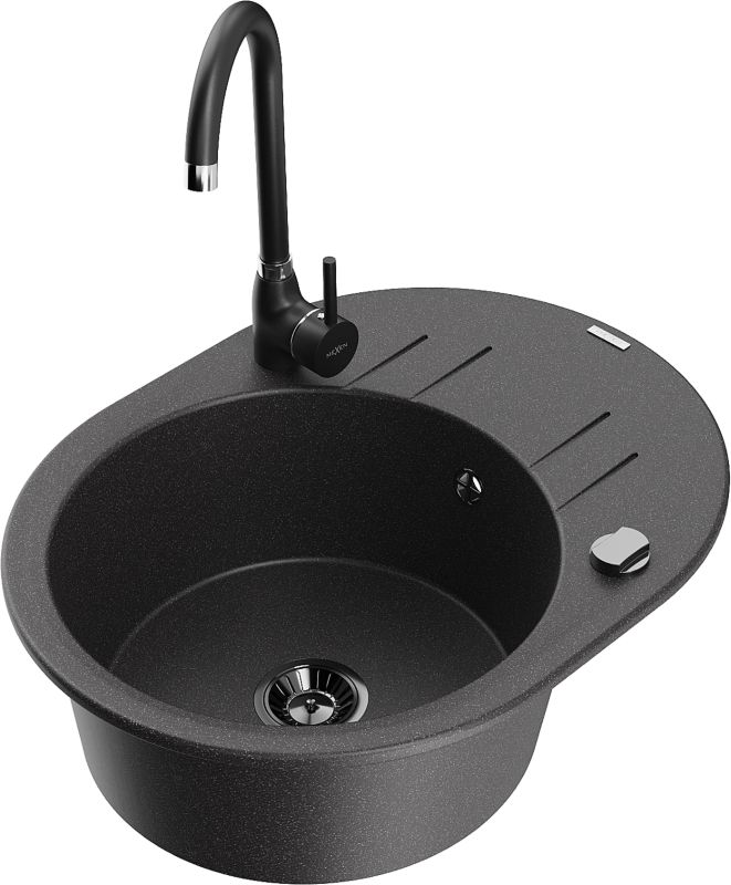 Zlewozmywak granitowy Mexen Kevin 1-komorowy z ociekaczem i baterią kuchenną Telma czarny/złoty - 6517-75-670200-70-B 1 szt.