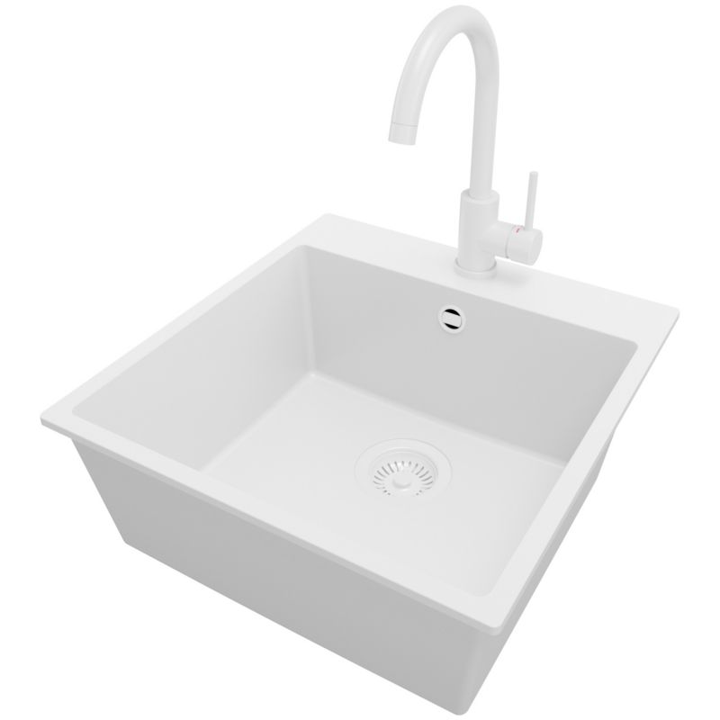 Zlewozmywak Granitowy Ryga PRIMAGRAN Nablatowy 48x50cm do szafki od 50cm, Cały Biały + Bateria 32x20cm + Syfon, S228, 1 szt.