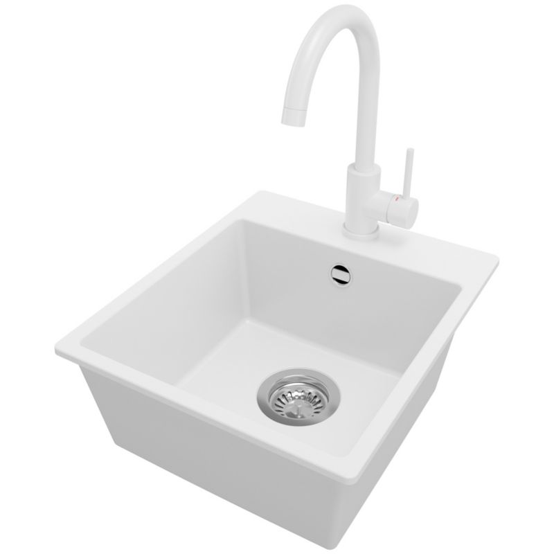 Zlewozmywak Granitowy Ryga Easy PRIMAGRAN Nablatowy 38x44cm do szafki od 40cm, Biały + Bateria 32x20cm + Syfon, S013, 1 szt.