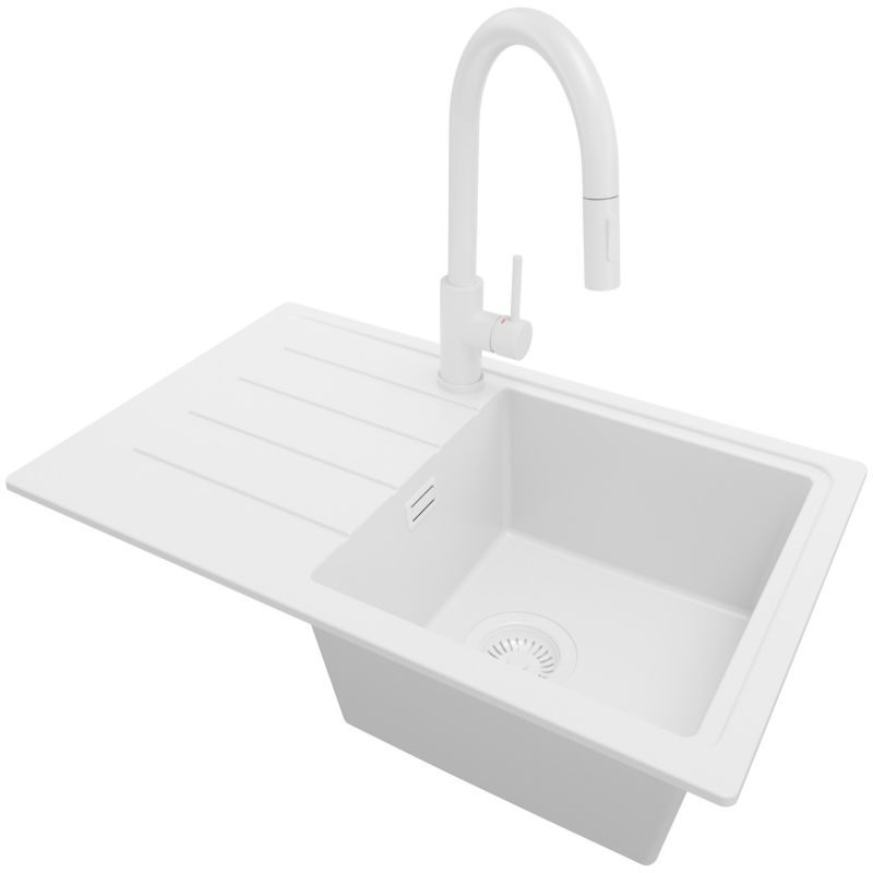 Zlewozmywak Granitowy Kopenhaga Easy PRIMAGRAN Nablatowy 70x44cm do szafki od 45cm, Cały Biały + Bateria + Syfon, S056, 1 szt.