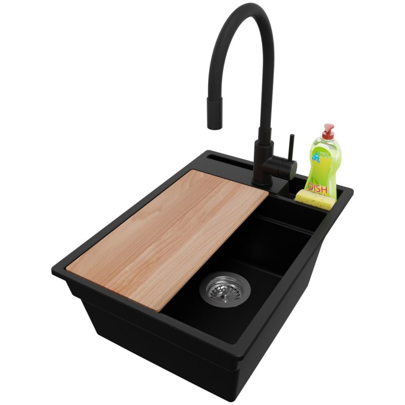 Zlewozmywak Granitowy Oslo Pocket PRIMAGRAN Nablatowy 38x53cm do szafki od 40cm z Syfonem i Baterią i Dodatkiem Czarny 1 szt.