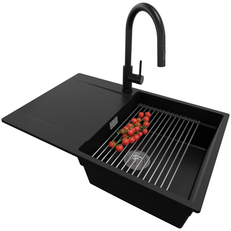 Zlewozmywak Granitowy San Francisco PRIMAGRAN Nablatowy 78x50cm, Czarny + Bateria + Syfon + Akcesorium, S045, 1 szt.