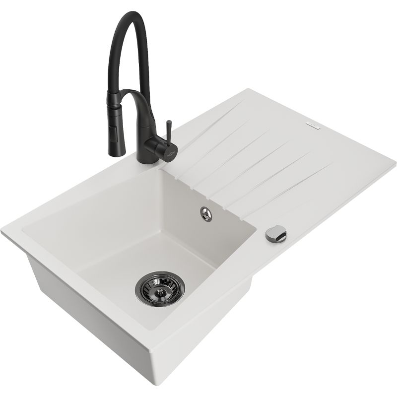 Zlewozmywak granitowy 1-komorowy Mexen Cesar z ociekaczem i baterią kuchenną Aster czarny nakrapiany - 6514-76-73450-70-B 1 szt.