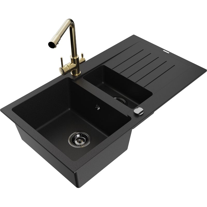 Zlewozmywak granitowy 1.5-komorowy Mexen Matias z ociekaczem i baterią kuchenną Duero czarny/srebrny - 6502-73-671600-70-B 1 szt.